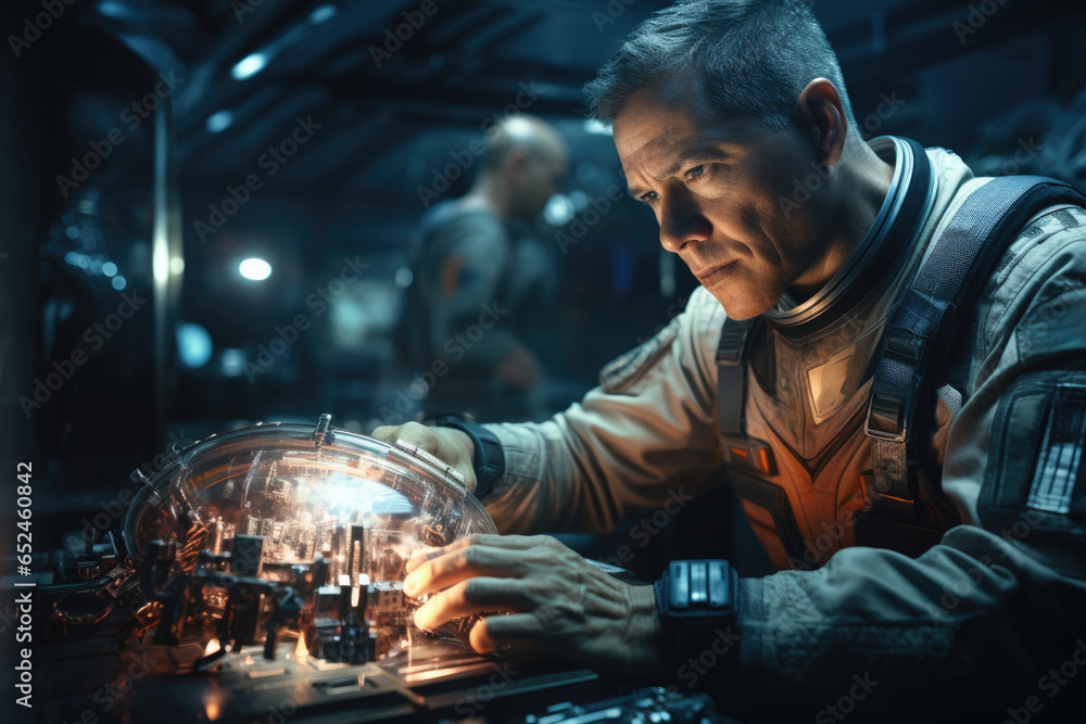 Poster an astronaut conducting experiments inside a space station. generative ai.