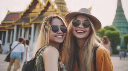 Happy young tourist women friends enjoy taking selfie together while travel in temple of the emerald buddha, Wat Phra Kaew, popular tourist place in Bangkok, Thailand,wide andel lens,