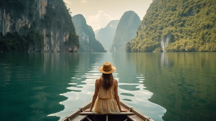 Travel summer vacation concept, Happy solo traveler asian woman with hat relax and sightseeing on Thai longtail boat in Ratchaprapha Dam at Khao Sok National Park, Surat Thani Province, Thailand - obrazy, fototapety, plakaty