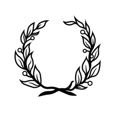 Laurel foliate wreath chaplet with berries. Award, achievement, heraldry, nobility. Symbol, sign, icon, silhouette, tattoo. Black. Isolated vector illustration.