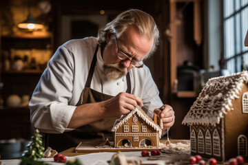 Baker carefully shaping and decorating a gingerbread house