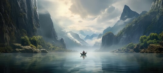 A man in a boat on a serene lake