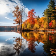 Naklejka na ściany i meble Serene lake reflecting colorful autumn trees