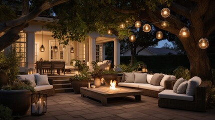 Fototapeta na wymiar Outdoor string lights and cozy seating area