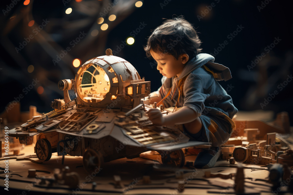 Poster a child constructing a spaceship from cardboard boxes, fueled by imagination. concept of imaginative