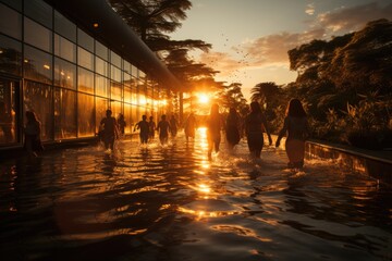 Elegant swimmers dance in a pool under the sun., generative IA