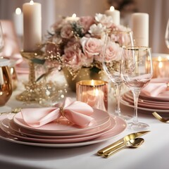 Fototapeta na wymiar Festive table setting with gold and pink accents