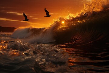 Solitary surfer dominates gold wave to dawn., generative IA