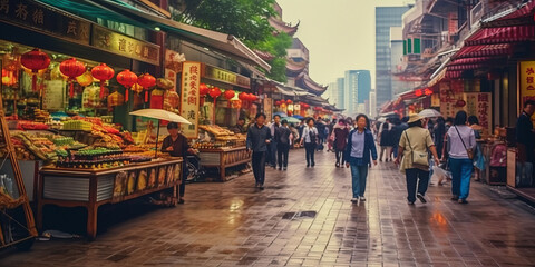 Obraz premium China food market street in Beijing. Chinese tourist walking in city streets on Asia vacation tourism.generative ai