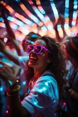 Fototapeta People dancing with glowing neon accessories obraz