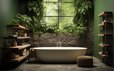Stylish bathroom, freestanding bathtub and wooden details, Made by AI, Artificial Intelligence