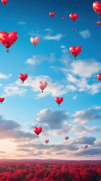 Heart-shaped hot air balloons in the sky