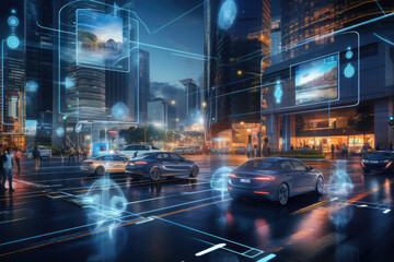 Fototapeta na wymiar Cityscape with futuristic AI-powered infrastructure, such as smart traffic lights and autonomous vehicles, representing the smart cities of the future
