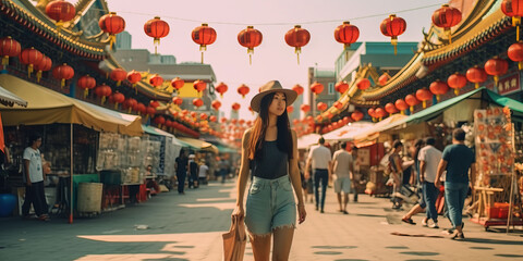 China food market street in Beijing. Chinese tourist walking in city streets on Asia vacation tourism.generative ai