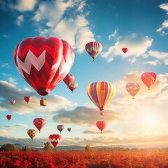Fototapeta premium Heart-shaped hot air balloons in the sky