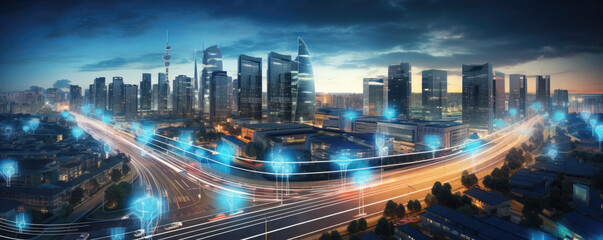 Cityscape with futuristic AI-powered infrastructure, such as smart traffic lights and autonomous vehicles, representing the smart cities of the future