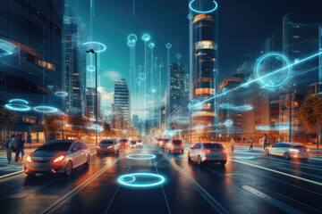 Cityscape with futuristic AI-powered infrastructure, such as smart traffic lights and autonomous vehicles, representing the smart cities of the future - Powered by Adobe