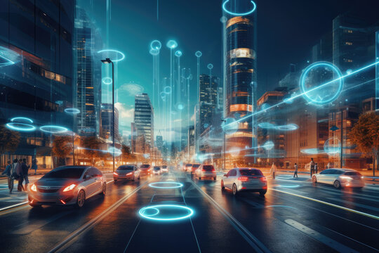 Cityscape with futuristic AI-powered infrastructure, such as smart traffic lights and autonomous vehicles, representing the smart cities of the future