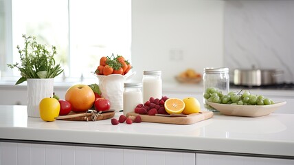 a fitness breakfast spread on a clean, minimalist kitchen countertop. wholesome ingredients and...