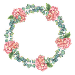 Watercolor wreath with hydrangea, eucalyptus branch. Silver dollar greenery, hortensia. Floral illustration for invitation template, Valentine day, birthday, wedding cards