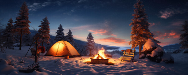 Winter campsite at dusk, with a glowing campfire and warm tents - obrazy, fototapety, plakaty
