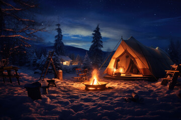 Winter campsite at dusk, with a glowing campfire and warm tents