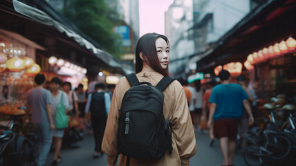 japanese lady travel in chinese city.generative ai