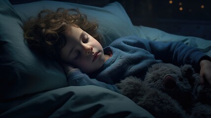 a child in pajamas lies in bed with a frightened expression on his face, the emotions of a child's nightmares.