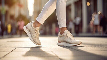 a stylish woman's sneakers as she confidently strides along a city street. Leave ample space for text or branding.