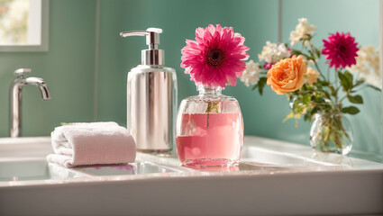 Liquid soap in a bottle, flowers, bathroom