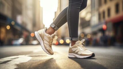 a stylish woman's sneakers as she confidently strides along a city street. Leave ample space for text or branding.