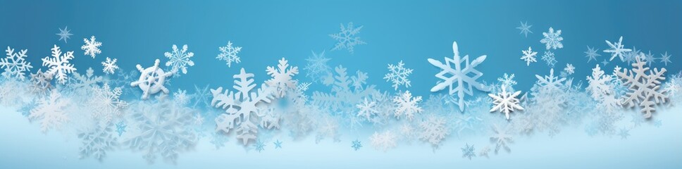 A winter-themed background with delicate snowflakes on a vibrant blue backdrop - obrazy, fototapety, plakaty