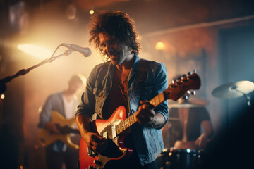 Obraz premium A musician and band members jamming together, creating new melodies and harmonies. Concept of musical brainstorming. Generative Ai.