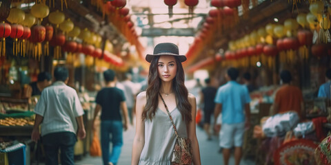 Fototapeta na wymiar China food market street in Beijing. Chinese tourist walking in city streets on Asia vacation tourism generative ai