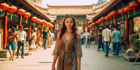 Naklejka premium China food market street in Beijing. Chinese tourist walking in city streets on Asia vacation tourism generative ai