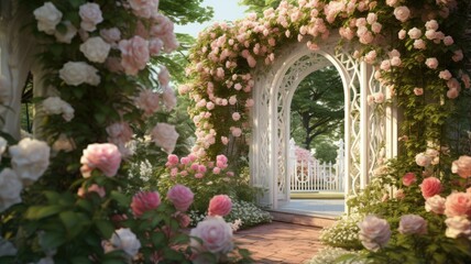 a white modern lattice fence as it serves as a delicate backdrop to vibrant, blossoming roses, adding a touch of elegance to the scene.