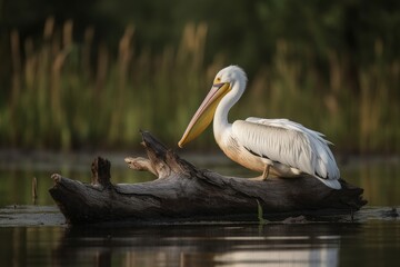A serene white pelican perched on a log in the calm waters