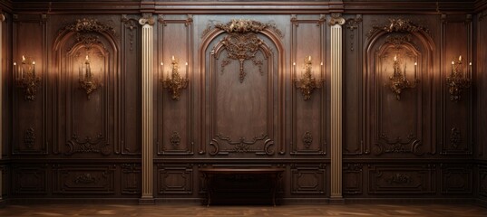 An empty room with a bench and chandelier - obrazy, fototapety, plakaty