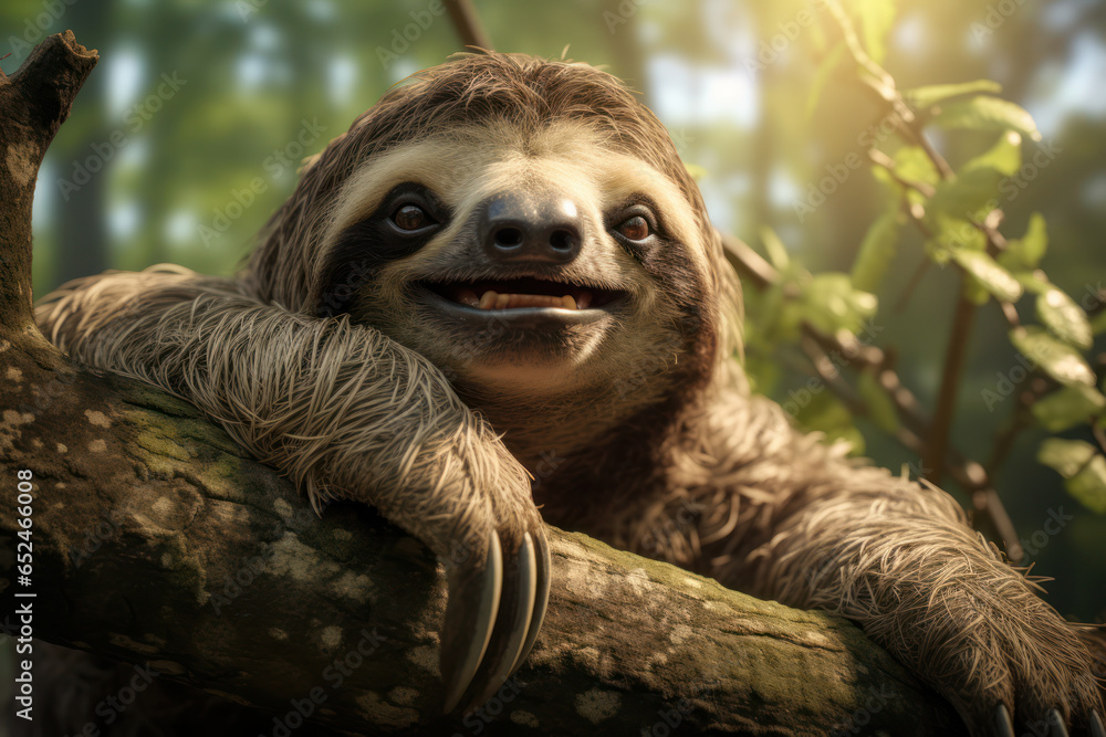 Poster a grinning sloth hanging from a tree branch, seemingly amused by its own slow movements. concept of 