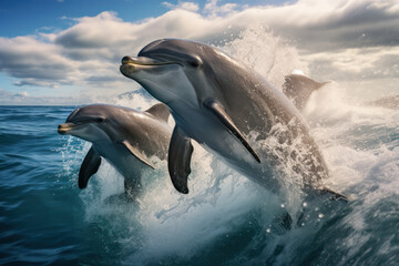 Obraz premium A group of playful dolphins leaping out of the water in unison, forming a mesmerizing water ballet. Concept of dolphin synchrony. Generative Ai.