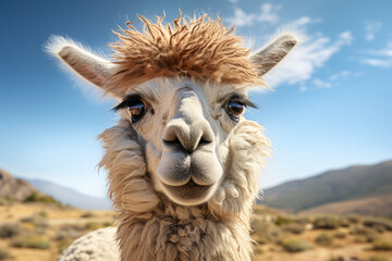 Obraz premium A bemused-looking llama giving a side-eye glance, as if contemplating the oddities of the human world. Concept of a contemplative llama. Generative Ai.