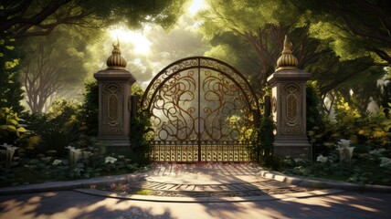 a metal entrance gate set within a sturdy concrete fence, framed by lush garden trees in the...