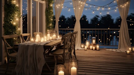 a balcony adorned with string lights and flickering candles, casting a warm and inviting glow into the night.