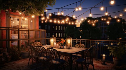 Naklejka premium a balcony adorned with string lights and flickering candles, casting a warm and inviting glow into the night.