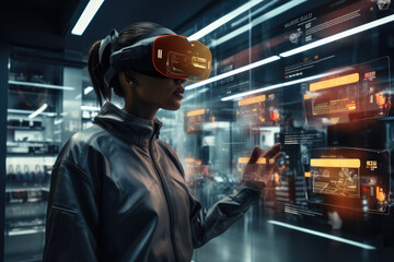 Obraz premium A futuristic concept of shopping using augmented reality glasses, overlaying product information and prices on physical items. Concept of AR shopping. Generative Ai.