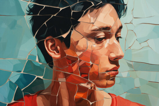 illustration of a young man/transgender non binar with fragmented, shattered mirror/glass representing loss/grief/mental health/depression/anxiety/identity crisis in editorial magazine film style