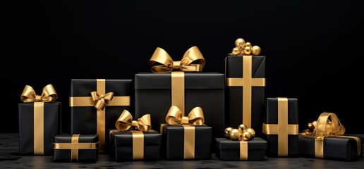 A stack of beautifully wrapped black and gold presents