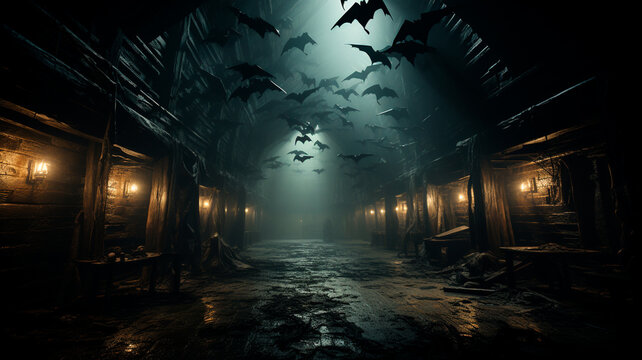 halloween background with spooky house and bats.