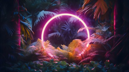 Fototapeta na wymiar Blush Neon Circle surrounded by Tropical Leaves. Exotic Backdrop with Copy Space