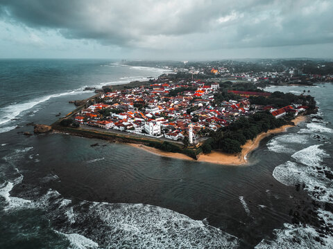 aerial view of the renowned Galle Fort, a historic fortress and iconic lighthouse landmark located in Galle, Sri Lanka, Asia. Ideal for travel and historical themes